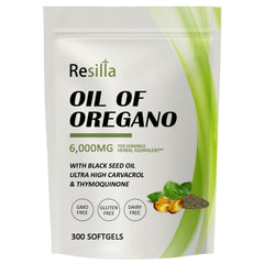 RESILLA oregano oil with black seed oil bottle showing 2-in-1 formula for immune support.