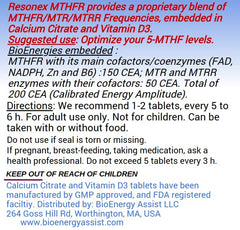 Resonex MTHFR Optimizer tablets close-up highlighting energized particles for enzyme resonance.