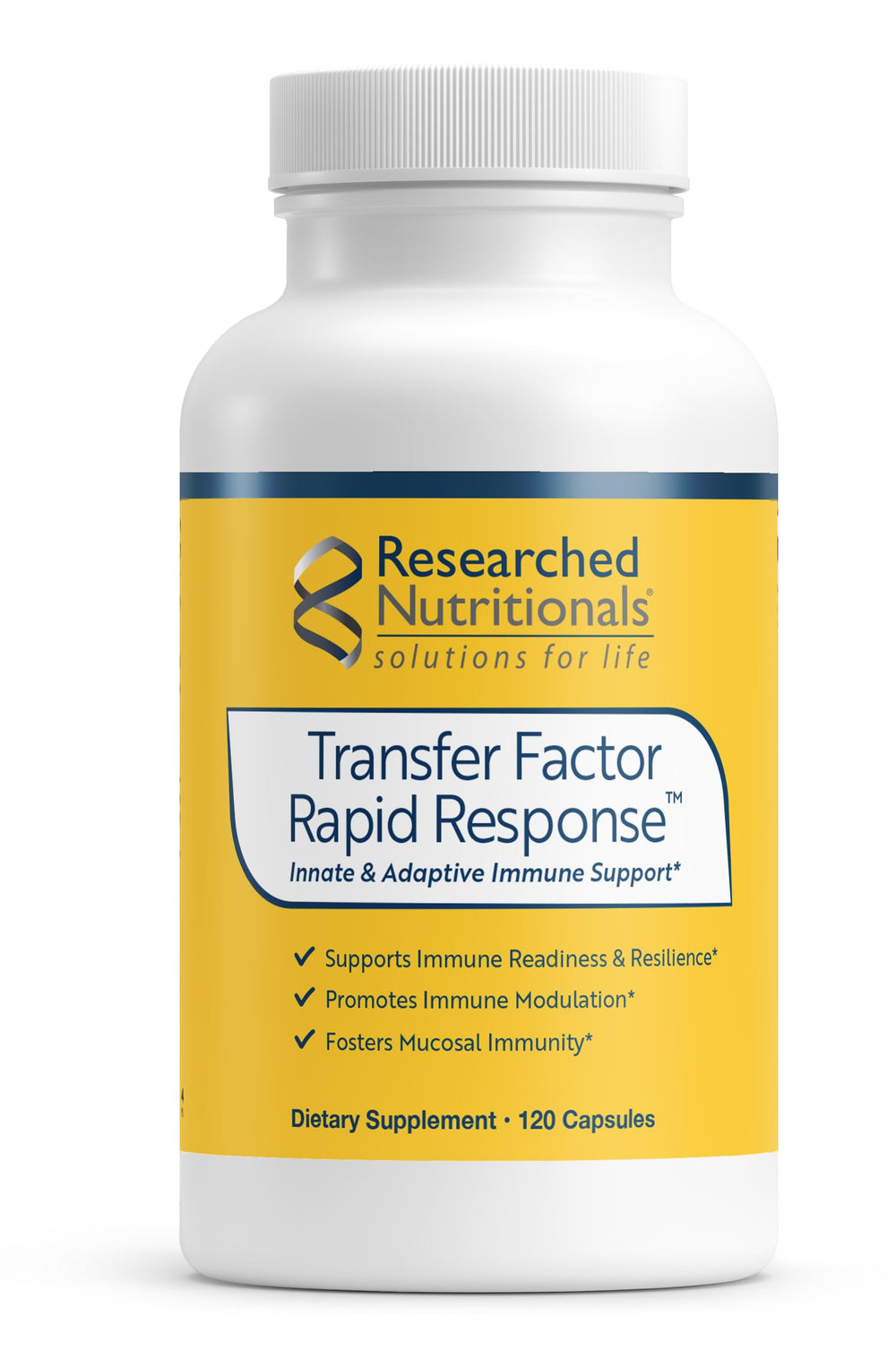 Researched Nutritionals Transfer Factor Rapid Response bottle pouring for quick immune support