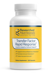 Researched Nutritionals Transfer Factor Rapid Response bottle pouring for quick immune support