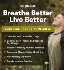 RESPICLEAR Mullein Drops ginger lemon label highlighting natural ingredients for lungs.