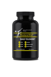 Restorefull RestoreWell Daily Cleanse bottle front shows branding and product purpose.