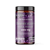 ResVitále bottle showing Resveratrol + NAD & Miricell for daily antioxidant support.