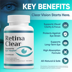 Retina Clear bottle label shows lutein and zeaxanthin for retinal protection.