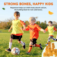ReviNutra Calm Magnesium Gummies texture close-up reveals chewy, kid-friendly gummies for easy consumption.