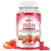 ReviNutra Iron Gummies bottle front showing strawberry flavor and easy chew