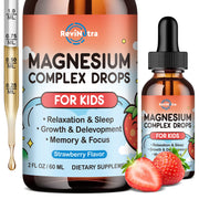 ReviNutra Kids Magnesium Drops in strawberry bottle for easy daily dosing.