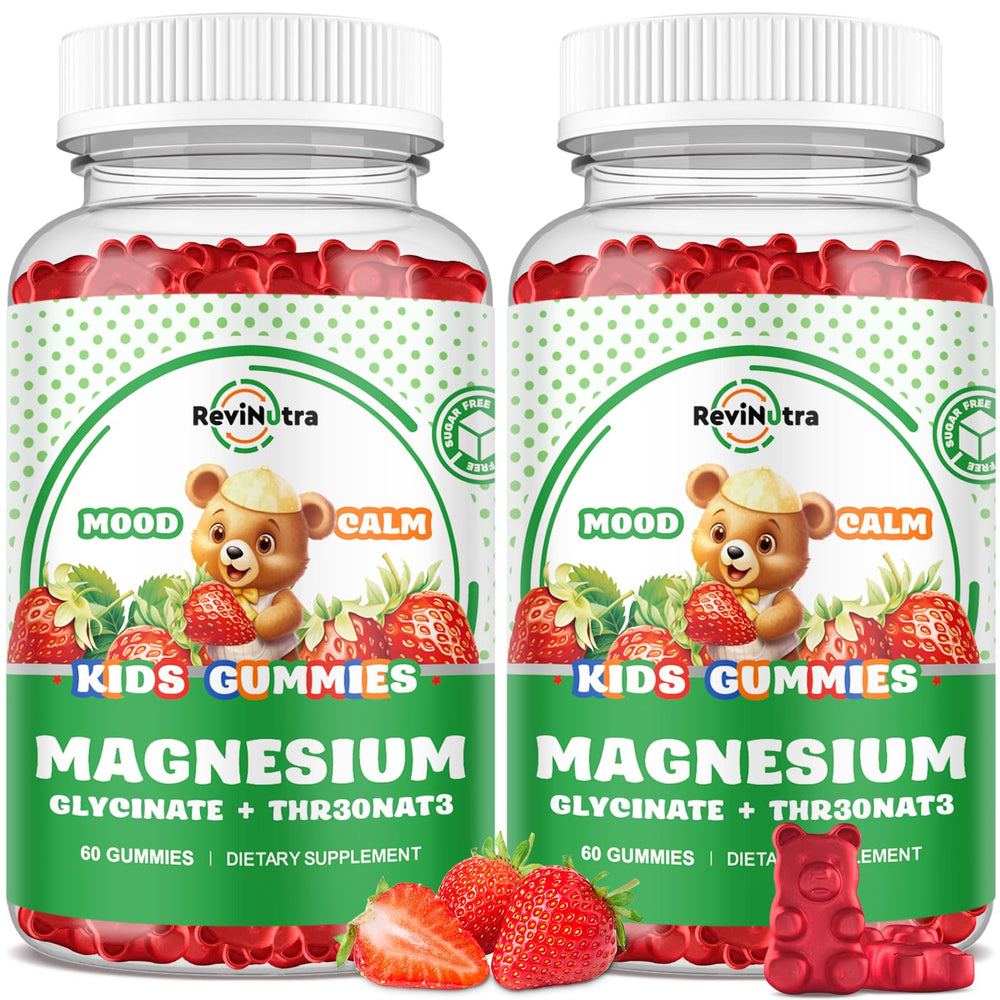 ReviNutra Magnesium Complex Gummies jar closeup, strawberry flavor for daily calm and focus.