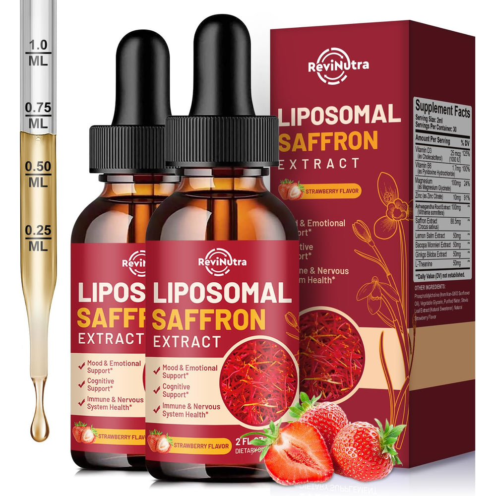 ReviNutra saffron liquid drops closeup for mood and focus support