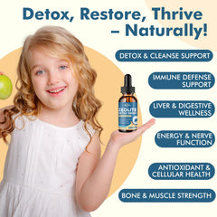 Close-up of ReviNutra Zeolite Detox label highlighting Clinoptilolite and chlorella ingredients