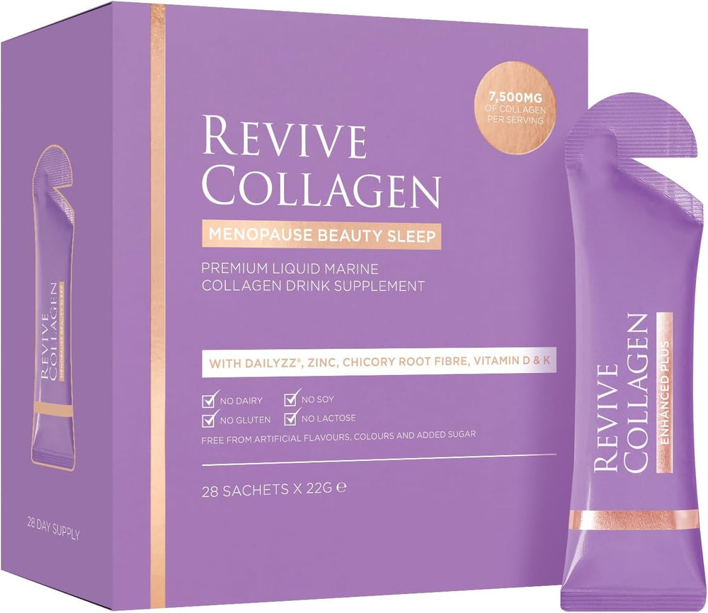 Revive Collagen Menopause Sleep bottle shows apple flavor for restful nights.