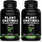 Revive Herbs Advanced Digestive Enzymes bottle pour showing easy-to-take capsules for post-meal comfort.