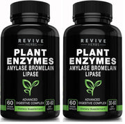 Revive Herbs Advanced Digestive Enzymes bottle pour showing easy-to-take capsules for post-meal comfort.