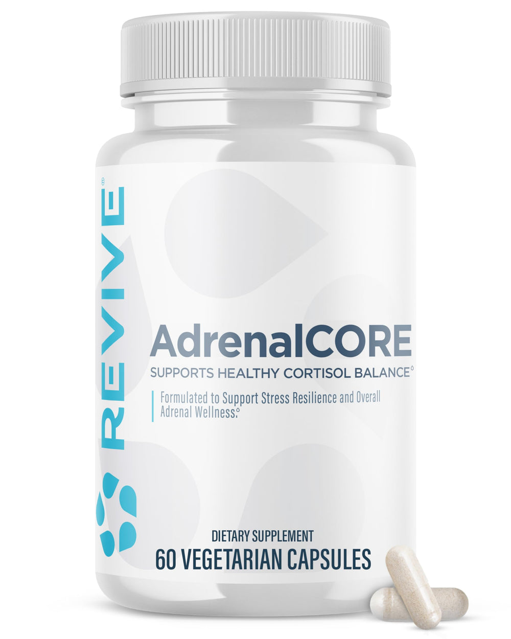 Revive MD AdrenalCore bottle on a clean surface supports daily energy.