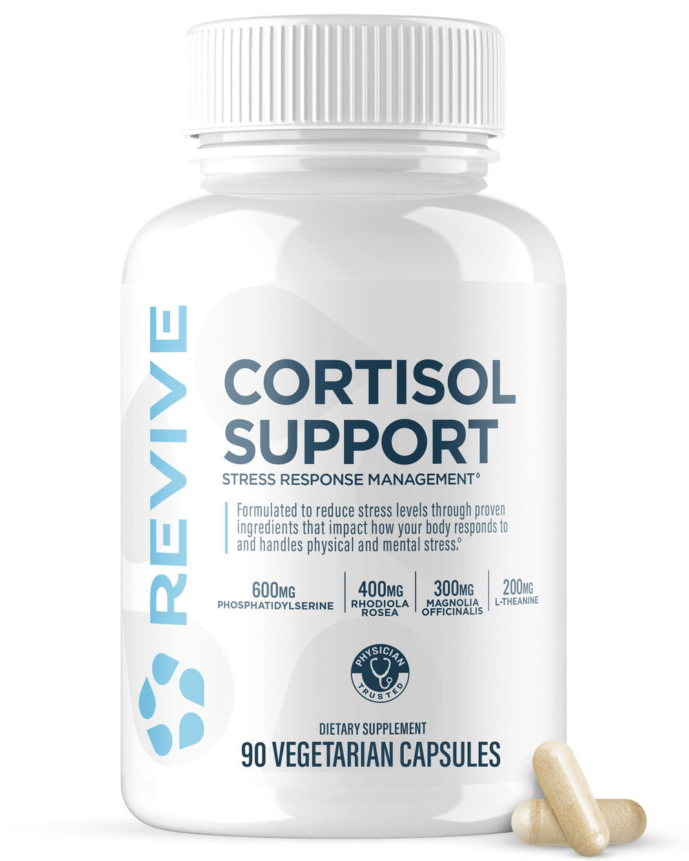 Revive MD Cortisol Manager bottle front view with vegan capsules for daily stress support