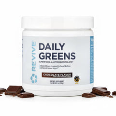 Revive MD Daily Green Powder Chocolate tub, a convenient daily greens source.