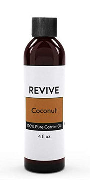 REVIVEEO fractionated coconut oil bottle shows colorless, odorless carrier ideal for massage.