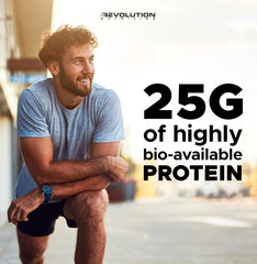 Revolution Nutrition High Whey Vanilla Cake canister beside a prepared shake
