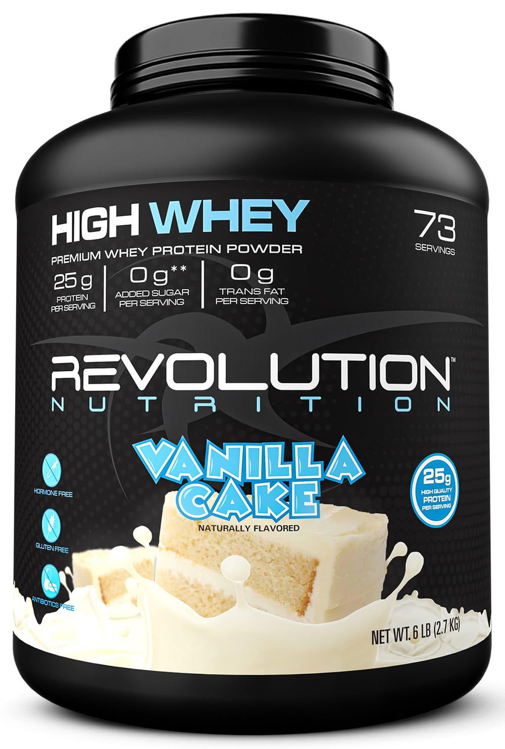 Revolution Nutrition High Whey Vanilla Cake tub shown for post-workout shakes and recovery
