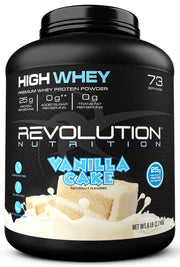 Revolution Nutrition High Whey Vanilla Cake tub shown for post-workout shakes and recovery