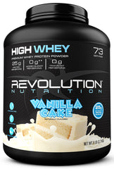 Revolution Nutrition High Whey Vanilla Cake tub shown for post-workout shakes and recovery