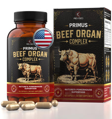 Revolution Science PRIMUS liver capsules close-up highlighting nutrient-dense organ blend for energy support