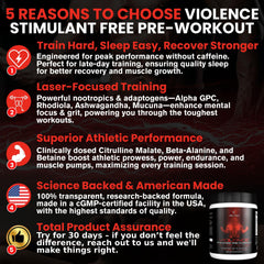 Violence Stim Free powder jar highlights precise dosing for controlled pump without stimulants.