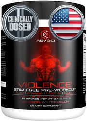 Revolution Science Violence Stim Free pre-workout bottle shows caffeine-free formula for steady endurance.