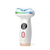 RFVDC Cold Heat Massager on face and neck for firming and depuffing at home.