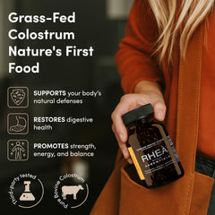 RHEASILVIA Rhea capsules closeup showing easy-to-swallow format for digestive wellness
