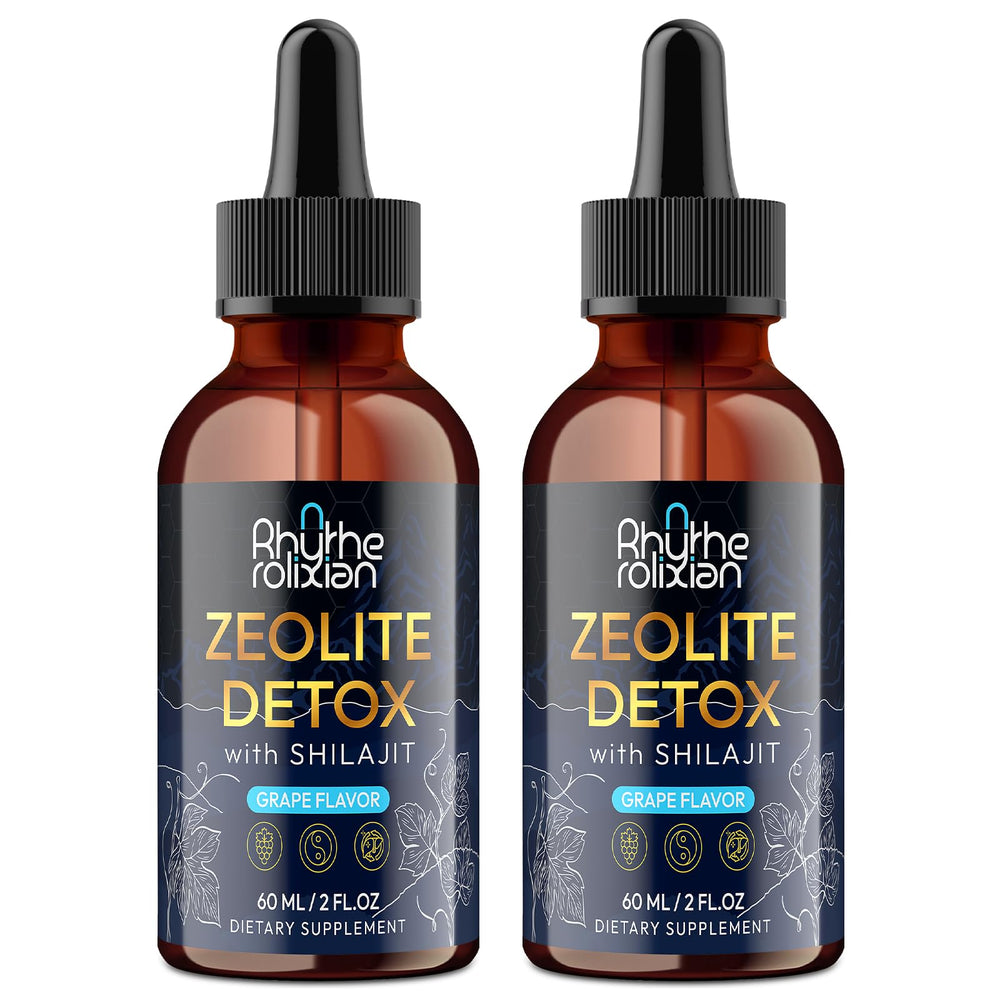 Rhytherolixian Zeolite Detox Drops bottle highlighting grape flavor for daily wellness