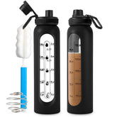 RhythmFit glass shaker bottle with 34oz capacity and wide mouth for easy powder addition.