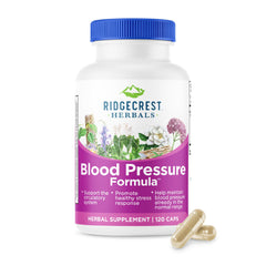 Ridgcrest Blood Pressure Formula bottle on a tidy surface emphasizing a natural circulatory support blend.