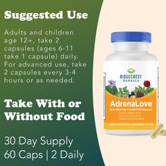 RidgeCrest AdrenaLove label close-up lists Ashwagandha, L-Theanine, and Ginseng blends