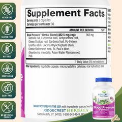 RidgeCrest Blood Pressure Formula label highlights key ingredients like Gastrodia and Eucommia.