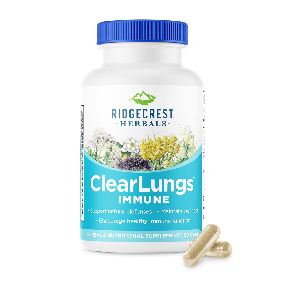 RidgeCrest Herbals ClearLungs Immune bottle on a shelf for daily respiratory support.