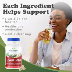 RidgeCrest LiverClean bottle back label with ingredients and usage hints.