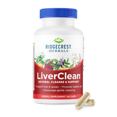 RidgeCrest LiverClean bottle front showing herbal liver support in daily wellness context.