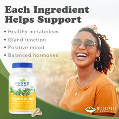 Ridgecrest ThyroNourish bottle back with ingredient information for mood and energy support.