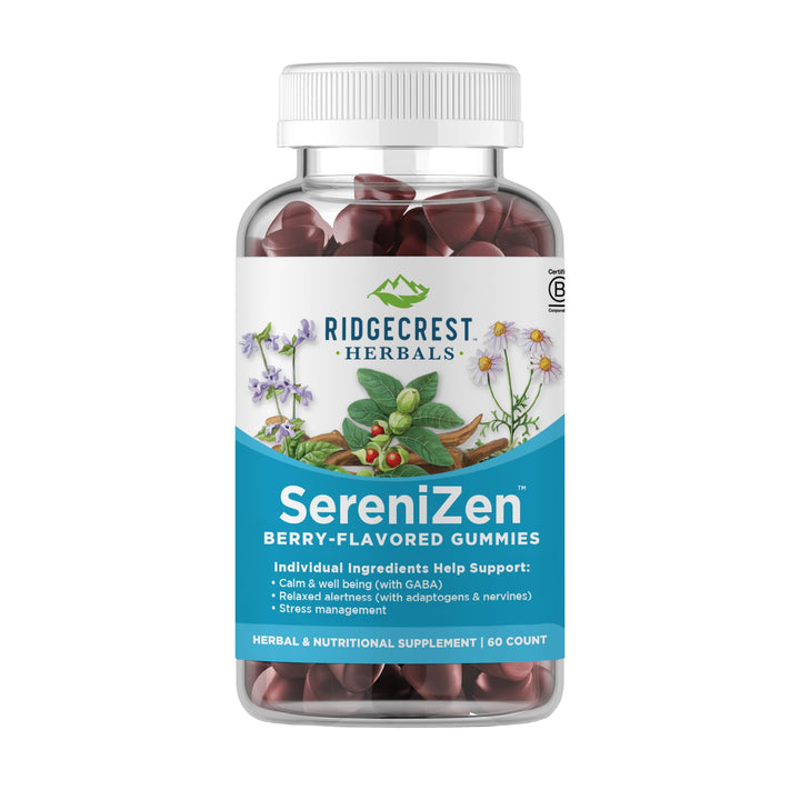 RidgeCrest SereniZen gummies bottle front showing calm daily wellness benefits
