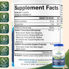 RidgeCrest SinusClear capsules close-up emphasizes easy daily dosing.
