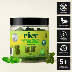 Riev Ashwagandha L-Theanine gummies close-up highlighting mint flavor for calm focus.
