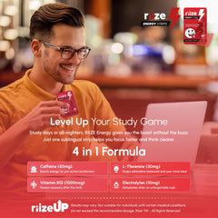 Riize Energy Strips highlight 50 mg caffeine for daytime energy.
