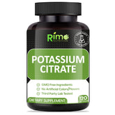 Rimo Nutrition potassium citrate bottle close-up showing a clean no-additives formula