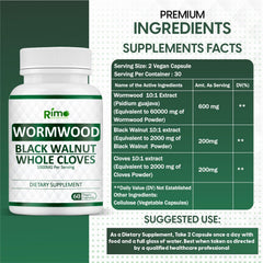 Rimo Nutrition Wormwood Capsules closeup highlighting plant-based formula for daily use