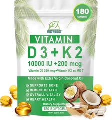 RIOWEGO Vitamin D3 + K2 softgels close-up for daily bone and heart support.