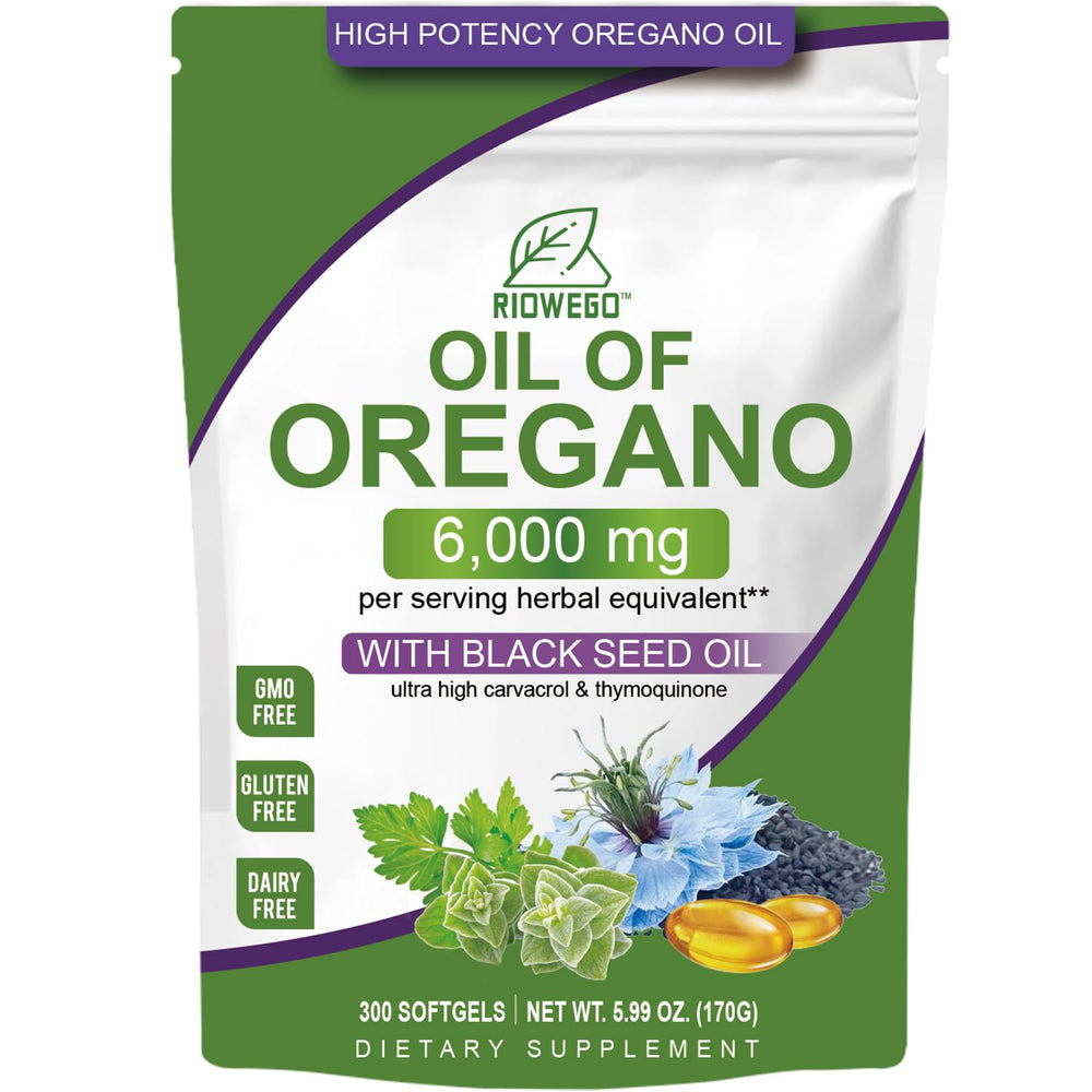 RIOWEGO oil of oregano softgels bottle shows high potency for immune and gut support.