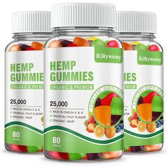 RiRywony Health Omega Gummies bottle showing the hemp-infused formula for daily balance