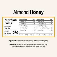 Rise Almond Honey breakfast bar ingredients close-up, simple 3-ingredient, high-protein snack.