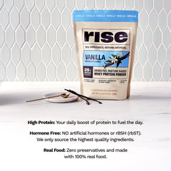 Rise Grass-Fed Whey Vanilla ingredients list highlights seven to eight real ingredients.